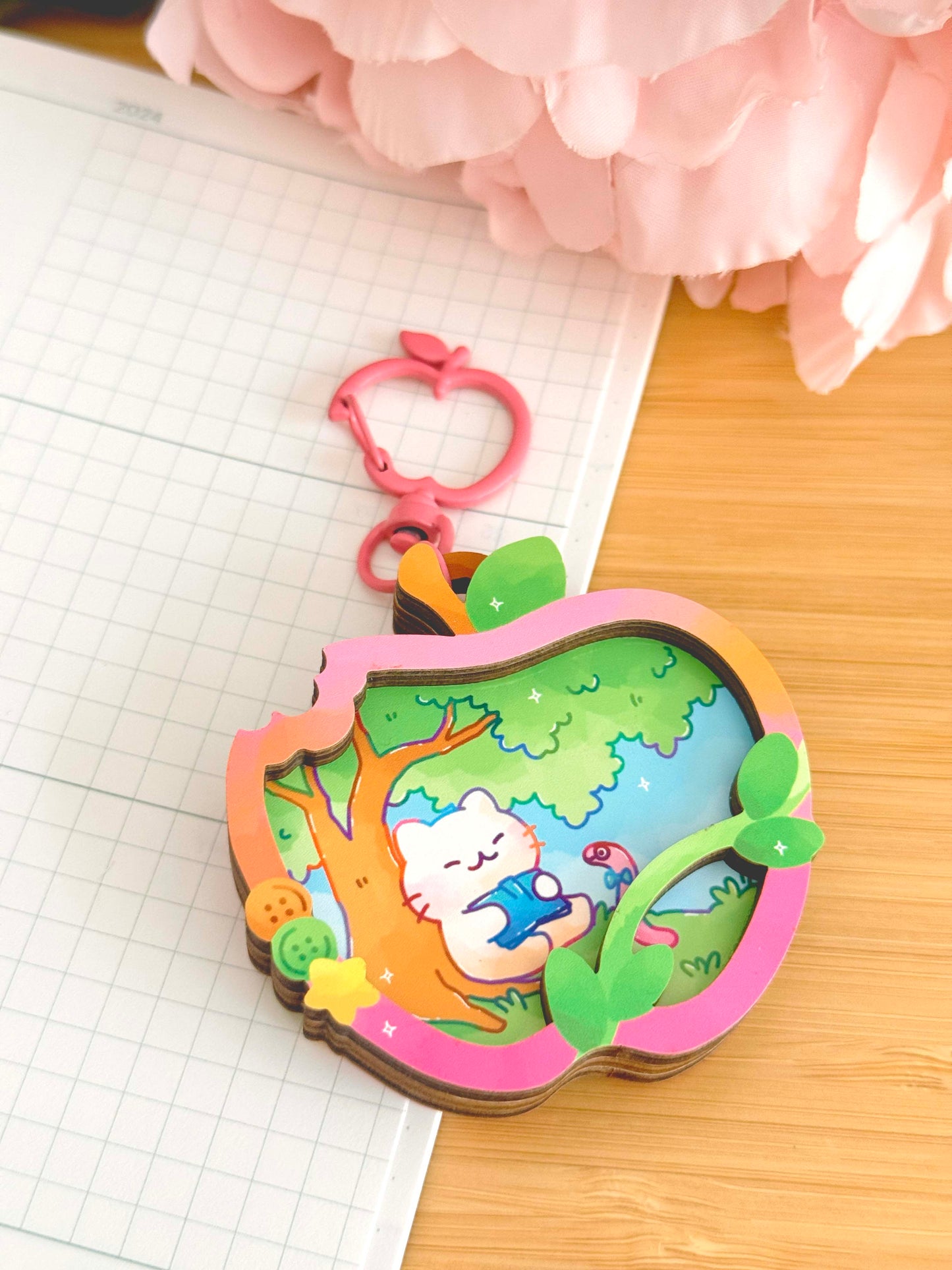 Apple Bookworm Wooden Keychain
