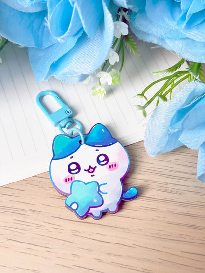 Blue Cat Wooden Keychain