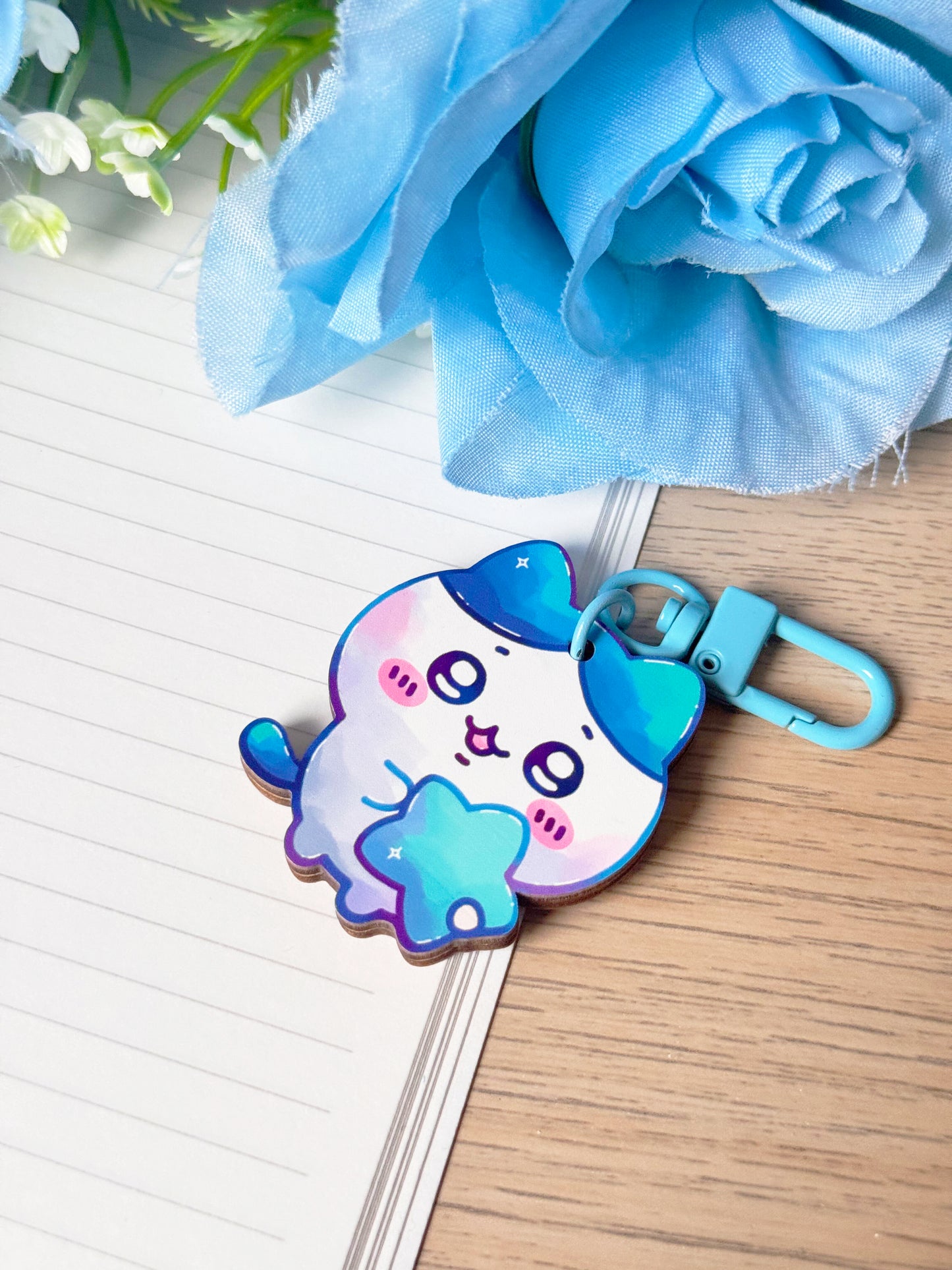 Blue Cat Wooden Keychain