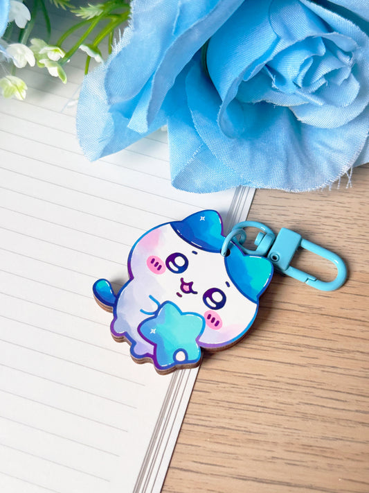 Blue Cat Wooden Keychain
