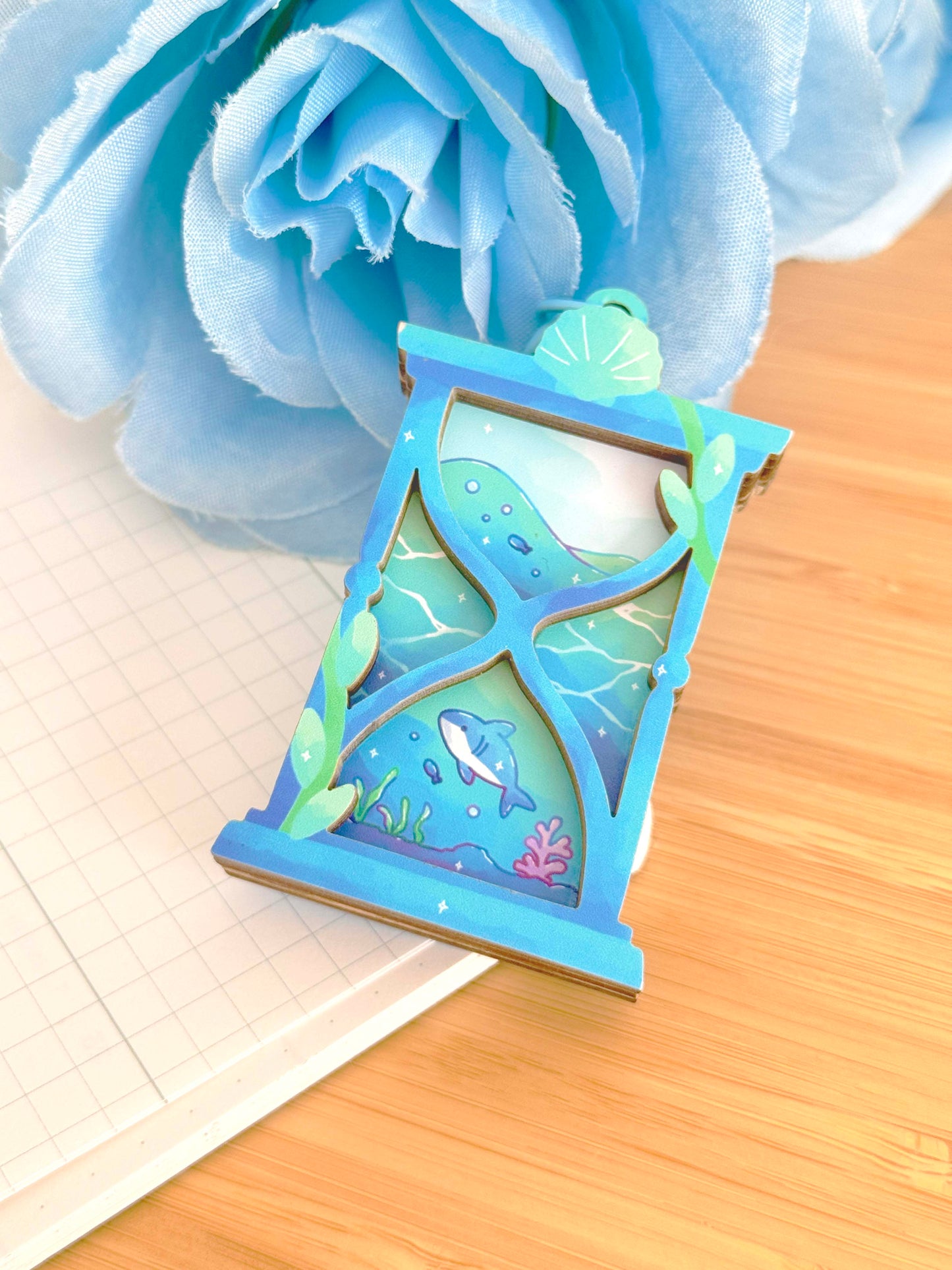 Ocean Hourglass Wooden Keychain