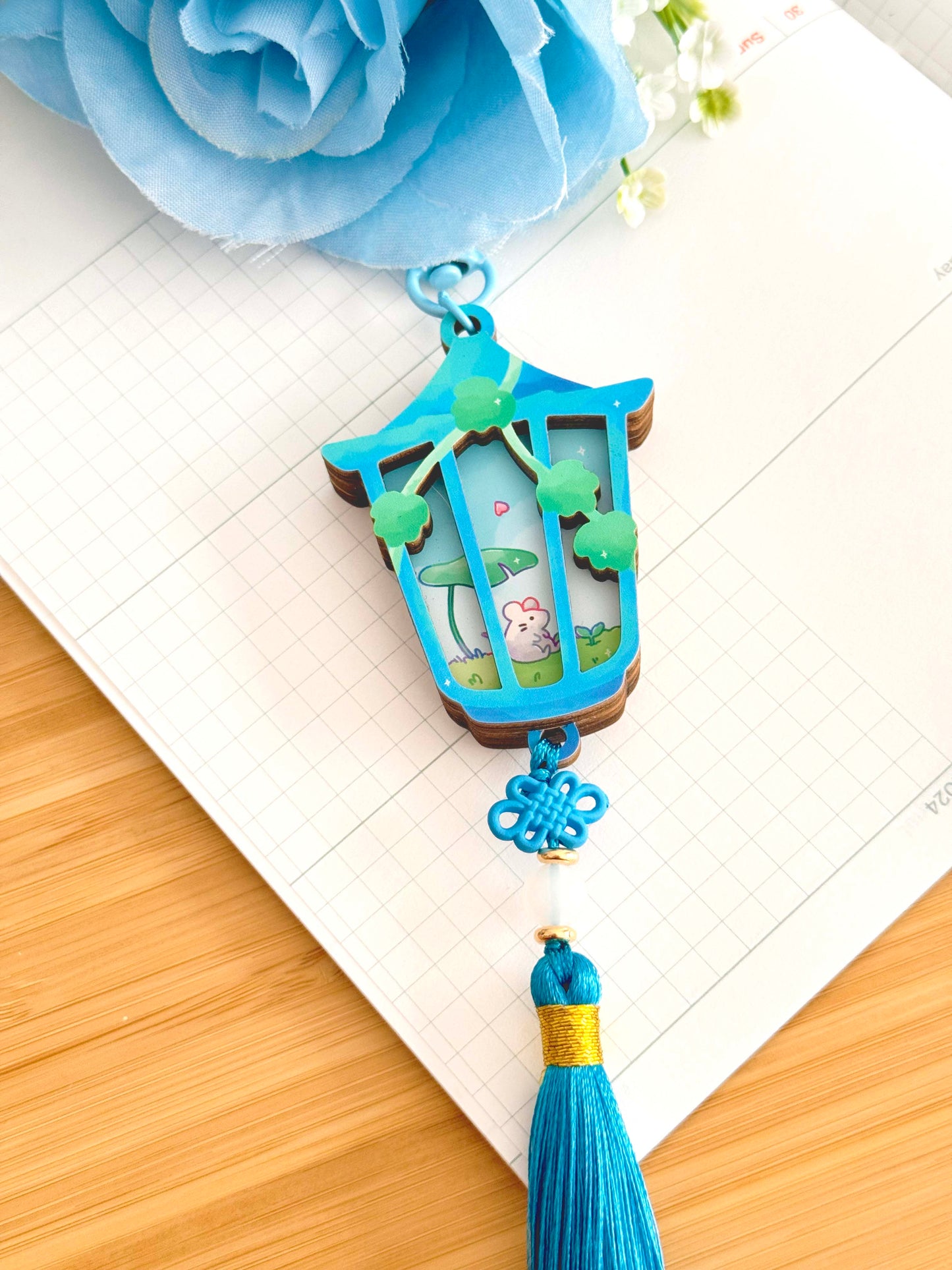 Strawberry Lantern Wooden Keychain