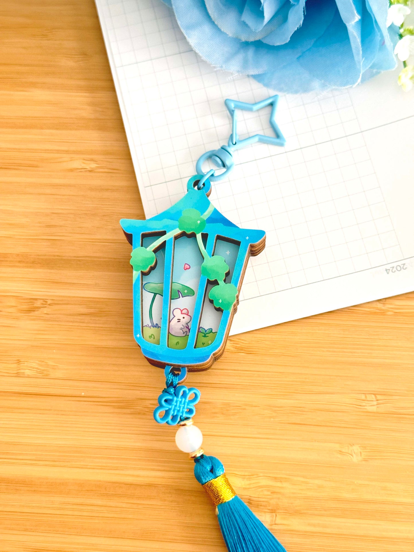 Strawberry Lantern Wooden Keychain
